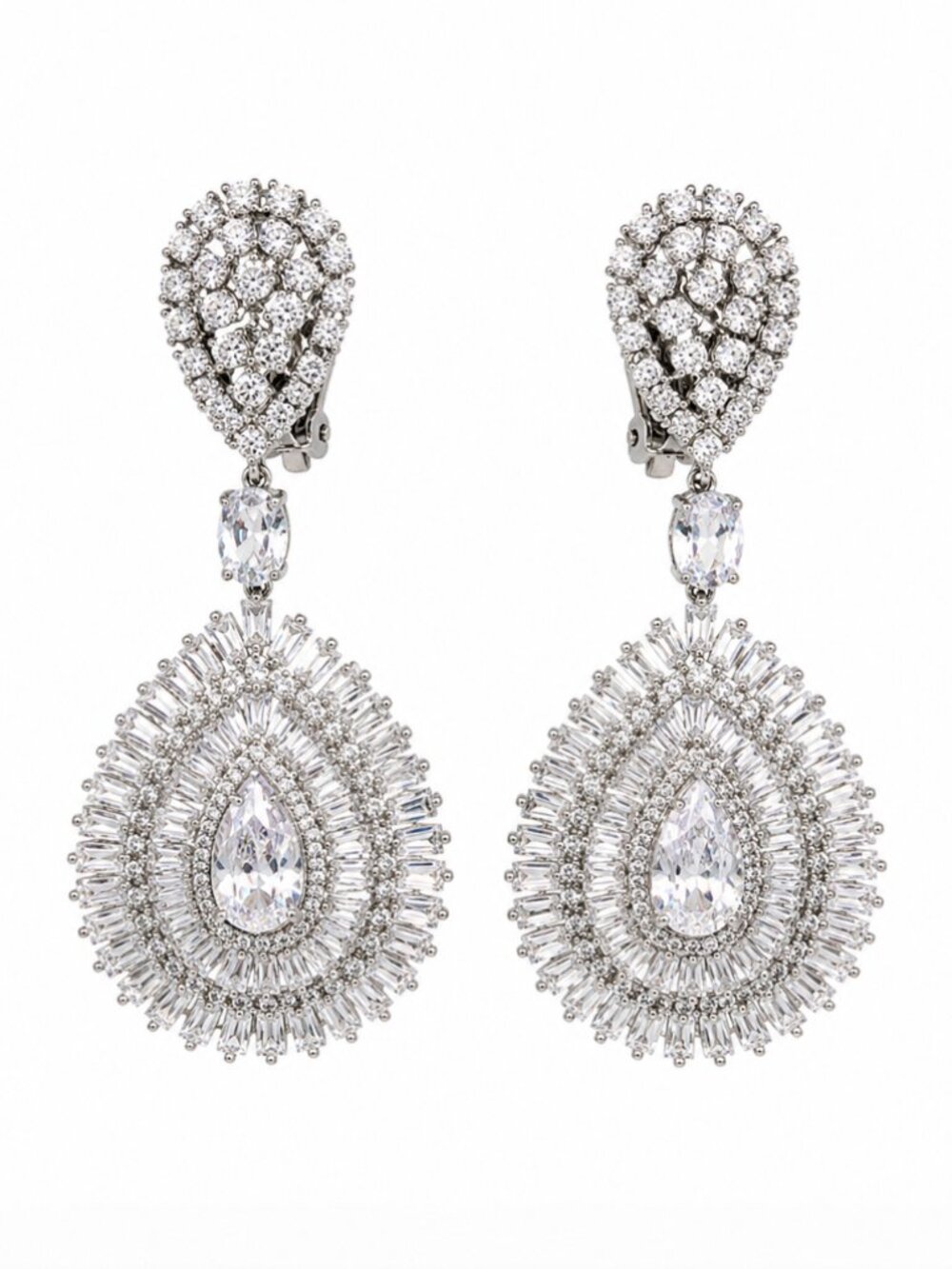 Elegant clip-on statement earrings featuring dazzling teardrop crystal centers